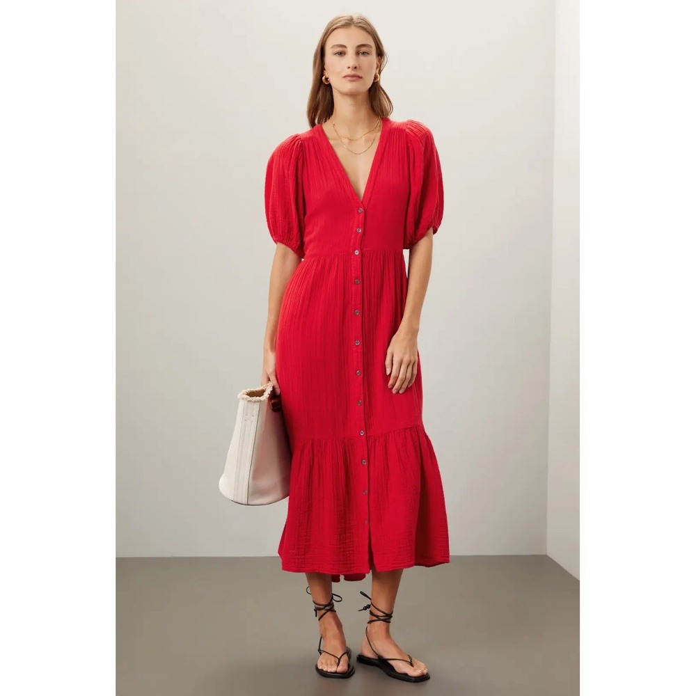 Xirena Lennox Midi Dress M Red Cotton Gauze Puff Sleeve